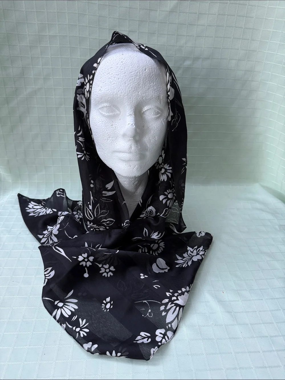 Vintage Black & White Floral Lightweight Silky Scarf